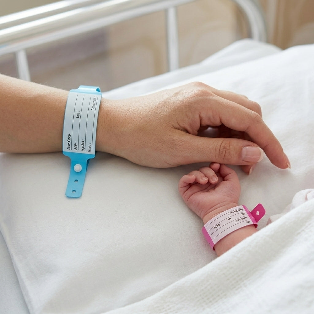 Mother & Baby Patient Identification Wristbands for Hospitals | Set of 500 Pcs (Blue 250 + Pink 250) | Newborn ID Bands with Name, Blood Group, PID & Consultant Details | Custom Logo Printing Available