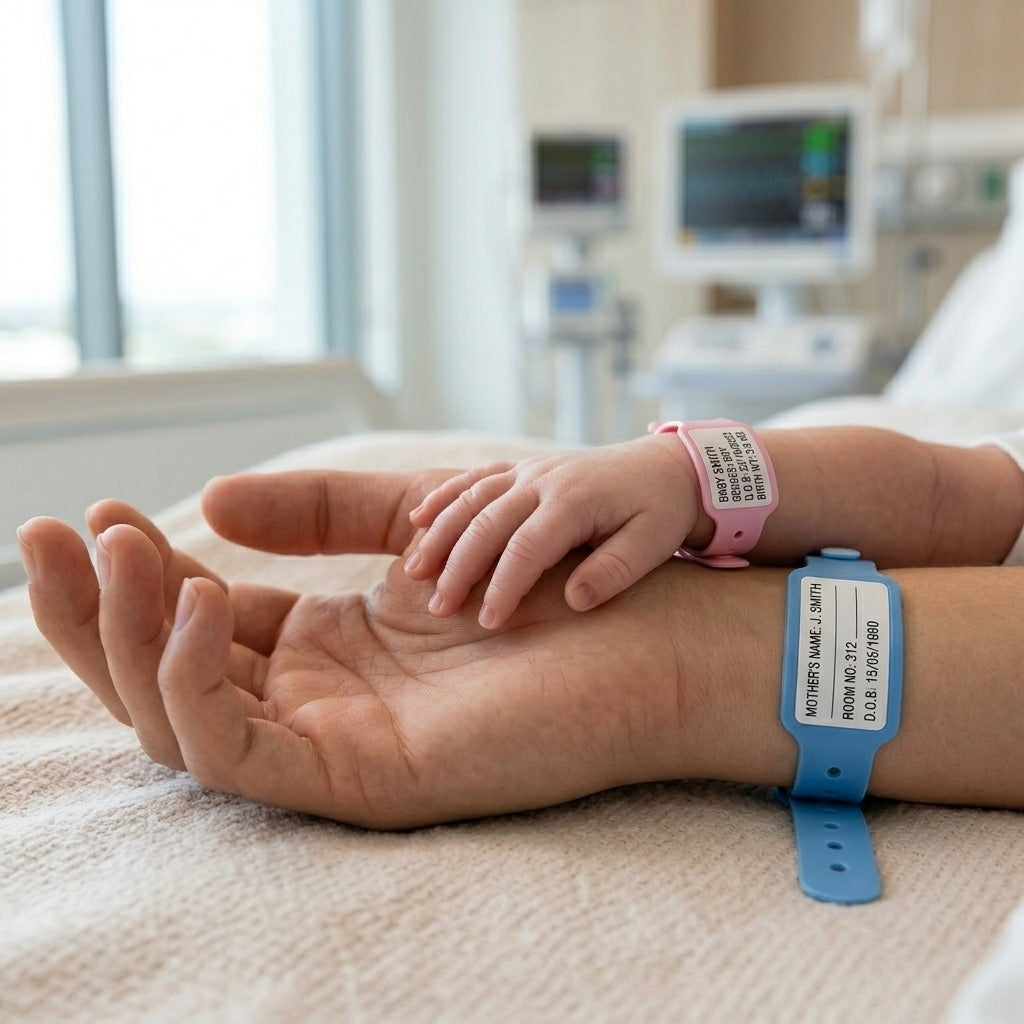 Mother & Baby Patient Identification Wristbands for Hospitals | Set of 500 Pcs (Blue 250 + Pink 250) | Newborn ID Bands with Name, Blood Group, PID & Consultant Details | Custom Logo Printing Available