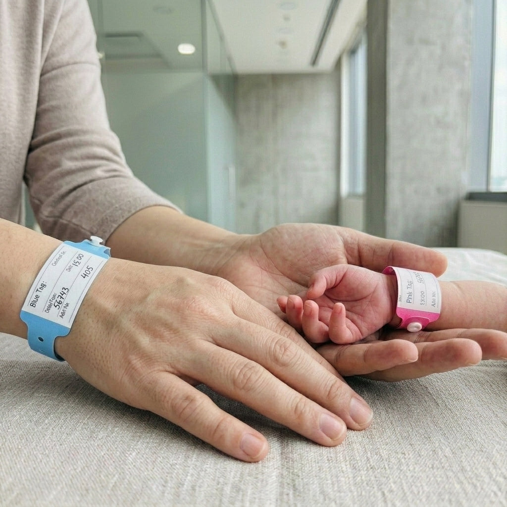 Mother & Baby Patient Identification Wristbands for Hospitals | Set of 500 Pcs (Blue 250 + Pink 250) | Newborn ID Bands with Name, Blood Group, PID & Consultant Details | Custom Logo Printing Available