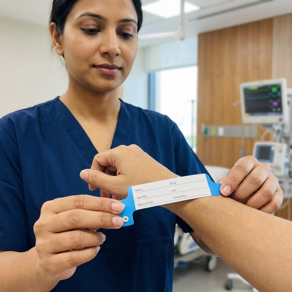 Hospital Patient Identification Wristbands | Pack of 500 Pcs | Pre-Printed ID Bands with Name, Blood Group, IP/OP, Unit & Contact Fields | NABH Compliant | Custom Hospital Logo Available