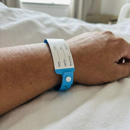 Hospital Patient Identification Wristbands | Pack of 500 Pcs | Pre-Printed ID Bands with Name, Blood Group, IP/OP, Unit & Contact Fields | NABH Compliant | Custom Hospital Logo Available