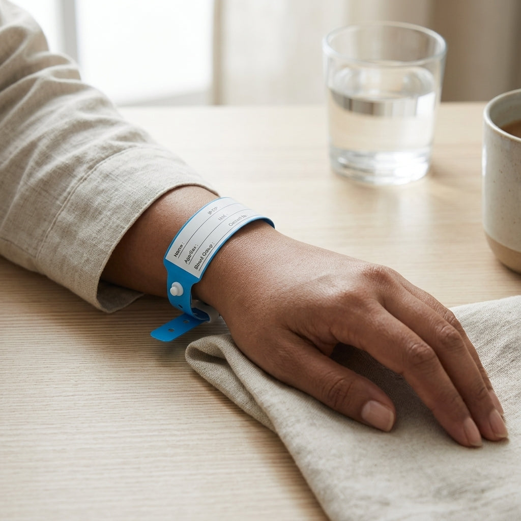 Hospital Patient Identification Wristbands | Pack of 500 Pcs | Pre-Printed ID Bands with Name, Blood Group, IP/OP, Unit & Contact Fields | NABH Compliant | Custom Hospital Logo Available