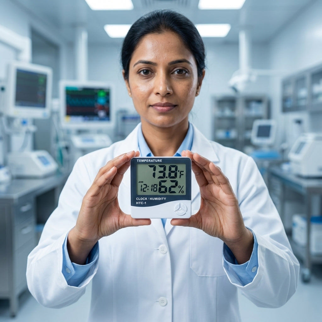 HTC-1 Digital Thermometer & Hygrometer for Hospitals | Temperature Humidity Monitor for OT, ICU & Cleanrooms | Clock + Temp + Humidity 3-in-1 Display