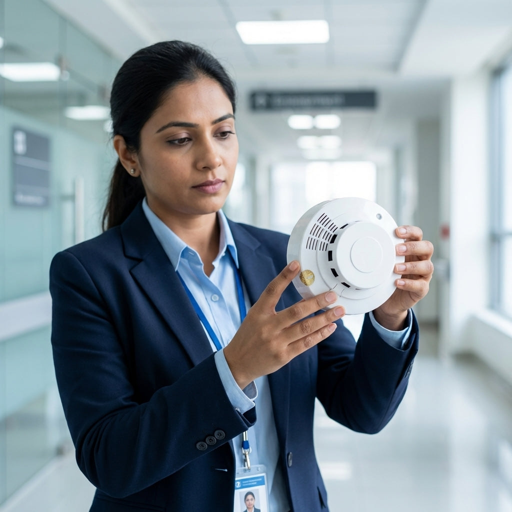Standalone Smoke Detector & Fire Alarm for Hospitals & Healthcare Facilities | 80dB Buzzer + Red LED Fire Alert | Plug & Play, Battery Operated | CE Certified
